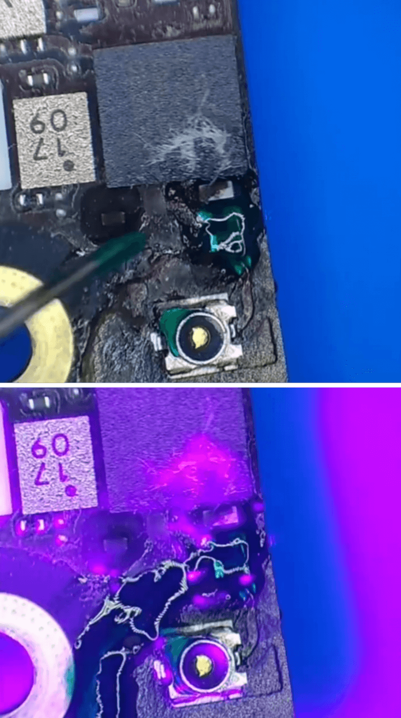 Riparazione della scheda madre dell'iphone 8 plus: come abbiamo risolto i problemi di pcb e wi-fi incrinati dopo un danno da caduta 09 Applicare la maschera UV e polimerizzare con la lampada UV