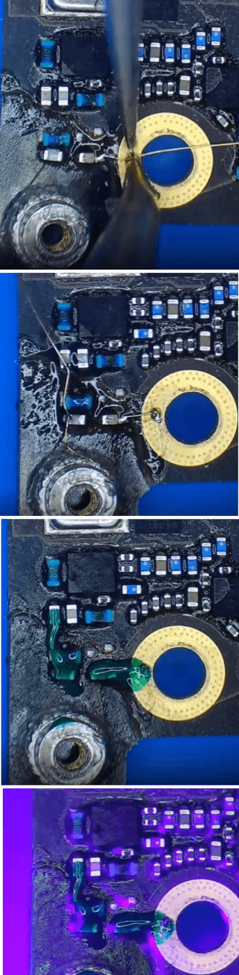 Riparazione della scheda madre dell'iphone 8 plus: come abbiamo risolto i problemi di pcb e wi-fi incrinati dopo un danno da caduta 10 Saltare un filo e Curare il lato B