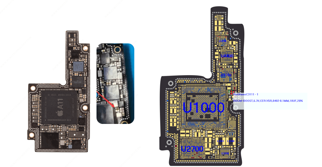 iphone x non può avviare causato da danni al condensatore boost C3111 in cortocircuito