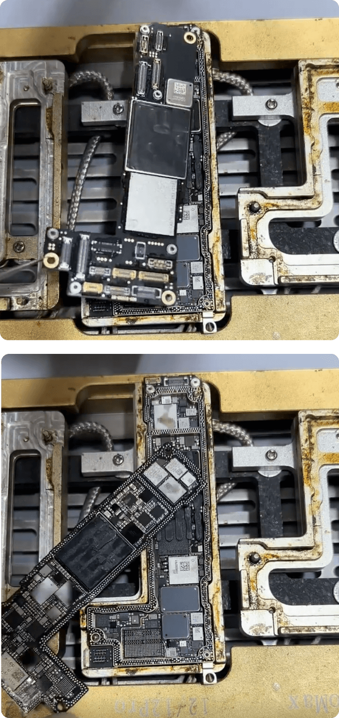 comment réparer l'iphone 12 qui ne démarre pas après un accident de voiture séparer la carte mère de l'iPhone 12 avec la plateforme chauffante