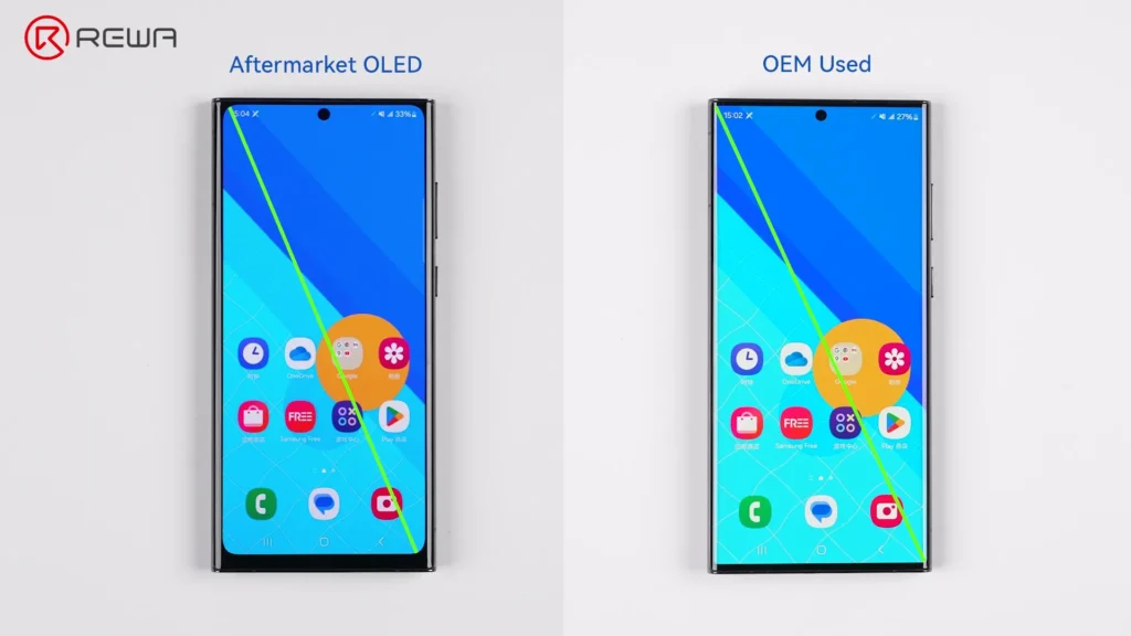 the evolution of samsung aftermarket screens: from incell lcd to advanced 1:1 oled Comparison showing an Aftermarket OLED screen has slightly thicker bezels and a smaller viewing area than an OEM Used screen