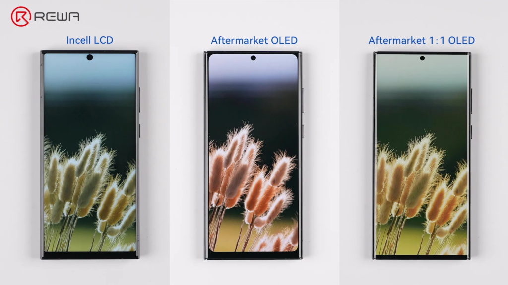 the evolution of samsung aftermarket screens: from incell lcd to advanced 1:1 oled Side-by-side comparison of Incell LCD, Aftermarket OLED, and 1:1 OLED screens showing differences in bezel thickness