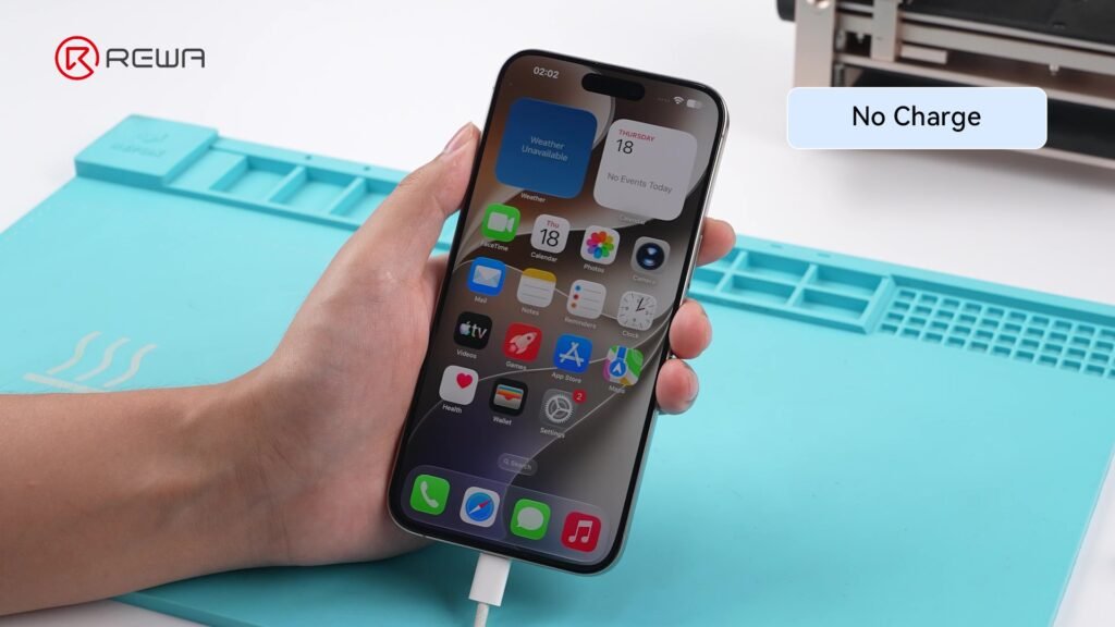 solucionar el mensaje de pieza desconocida en iPhone usando piezas compatibles con diagnóstico Un iPhone conectado a un cable de carga muestra una notificación de Sin carga en la pantalla